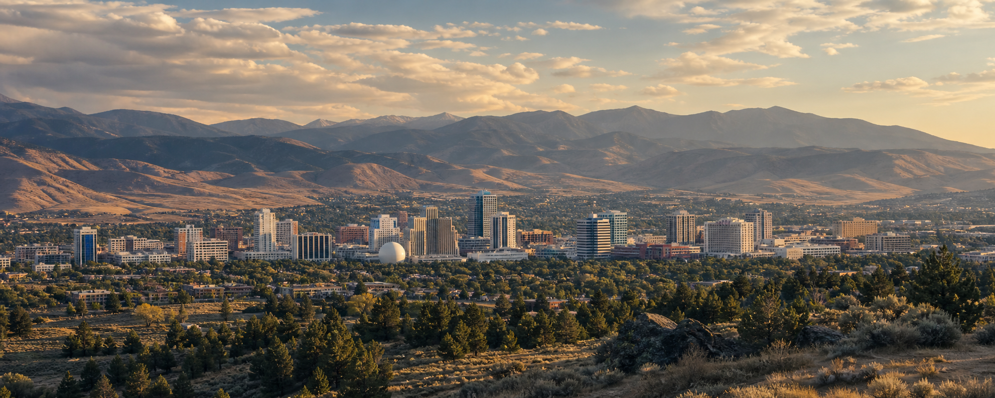 Panoramic view of the Reno skyline and surrounding Sierra Nevada landscape